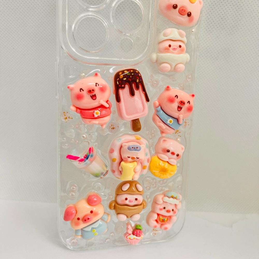 Cute Kawaii Pig 3D Decoden Clear Phone Case - Pink Accents Handmade - Picture 6 of 7